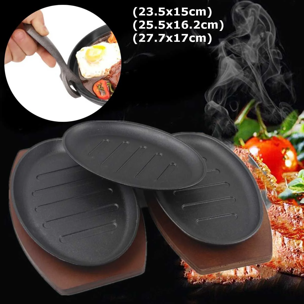 

3 Sizes Cast Iron Steak Fajita Sizzling Platter Plate With Cooking Wooden Holder Home Kitchen Cooking Plate Appliance Parts New