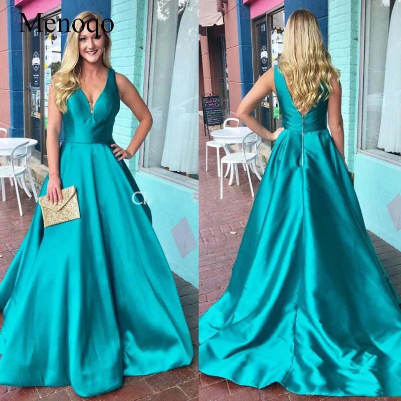 

Menoqo Elegant Formal Evening Dresses 2019 V Neck Backless A Line Sweep Train Satin Prom Party Gowns Abendkleider