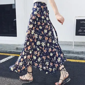 

MISSKY 2019 New Women Summer Skirt High Waist Middle Long Chiffon Floral Pattern A Line Beach Skirt Female Clothes