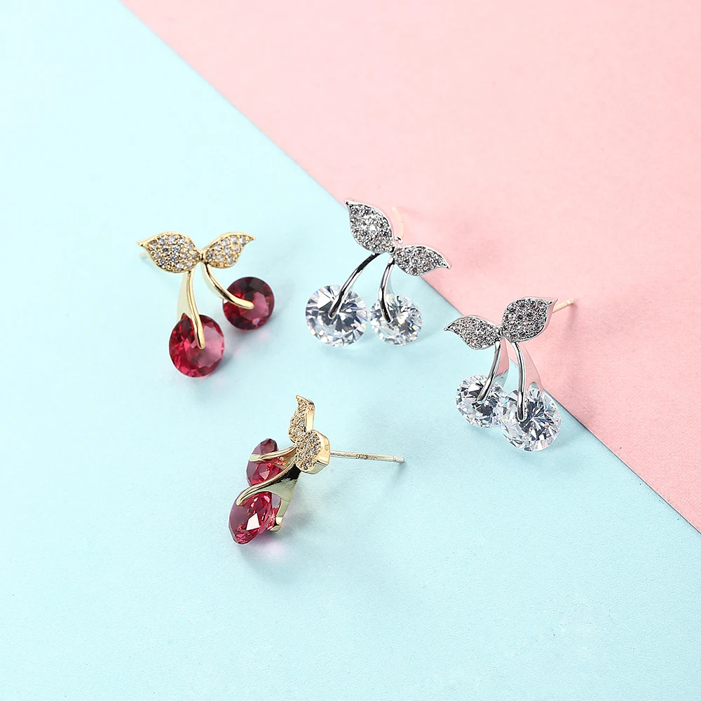 

Women Stud Earrings Cherry Shape with AAA+ Cubic Zirconia Zircon Earrings Red Gold Color Japanese Style New Fashion Jewelry Gift