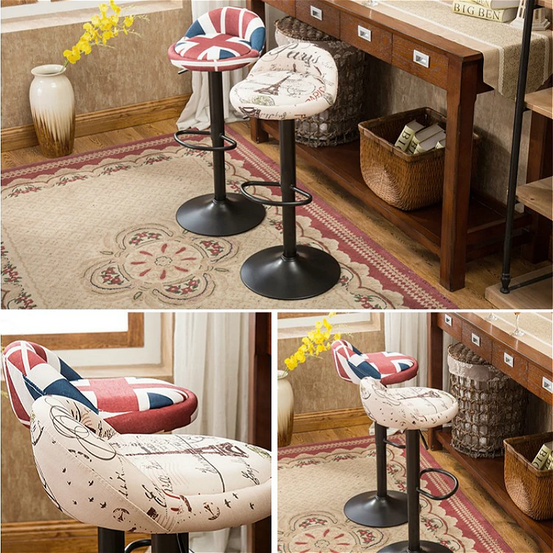 Creative Printing Lifted Bar Chair Rotated Stable Multi-function High Stool with Backrest Cloth Seat Household Leisure Stool