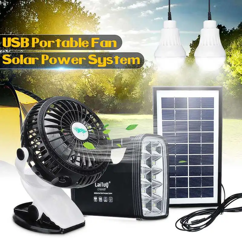 

Solar Panel Power Storage + Mini Clip USB Fan Generator LED Light USB Charger Home Outdoor 360 Portable Rechargeable Battery Fan