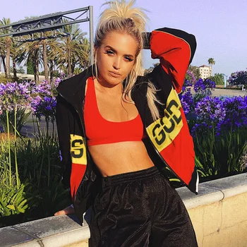 

New Harajuku Jackets Sportwear 2019 Women Fashion Trend Color Letter Print Outerwear Zipper Windbreaker Ladies Hip Hop Coats