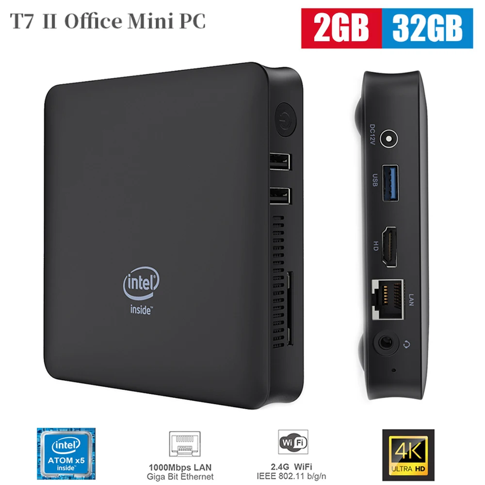 T7II мини ПК Intel atom X5 Z8350 HD графика 400 2 ГБ 32 1000 Мбит/с LAN 4 к Wi Fi Bluetooth 0 HDMI выход ТВ