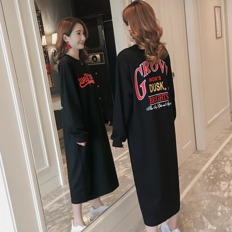 

#4950 Spring Autumn Long Sleeve Black T Shirt Dress Women Cotton Round Neck Straight Personality Large Size Casual Dress Female