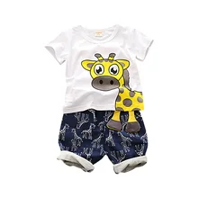 Летние Одежда для маленьких мальчиков и девочек детская футболка с рисунком жирафа из футболки и шортов на лето, 2 шт./компл., модная одежда для детей Детский хлопковый костюм наряд для Повседневное спортивный костюм