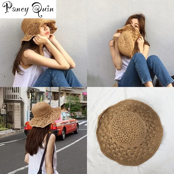 

Summer women hat hand-made straw hats crochet arge-length hollowed sunshade folding women sun hat Outdoor CAPS