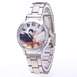 Полосы-4 Модные наручные часы для Для женщин Пряжка круглый бриллиант полигон кварцевые часы сплава влюбленных любовь Лебедь наручные часы