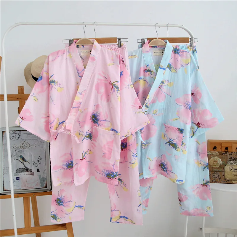

100% Cotton Double Yarn Kimono Pajamas Flower Printing V-Neck Loungewear Women Pijama Spring Thin Sleepwear Sexy Home Clothes