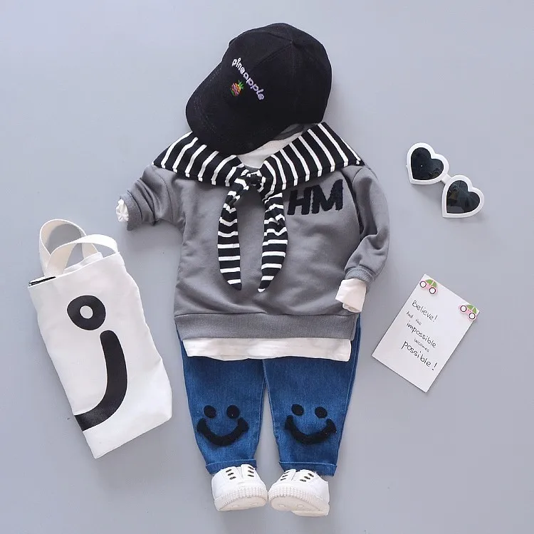 

Spring Autumn Baby Cotton Clothing Sets Fashion Children Girls Boys Fake Scarf T-shirt Jeans 2 Pcs/Sets Kid Casual Tracksuits