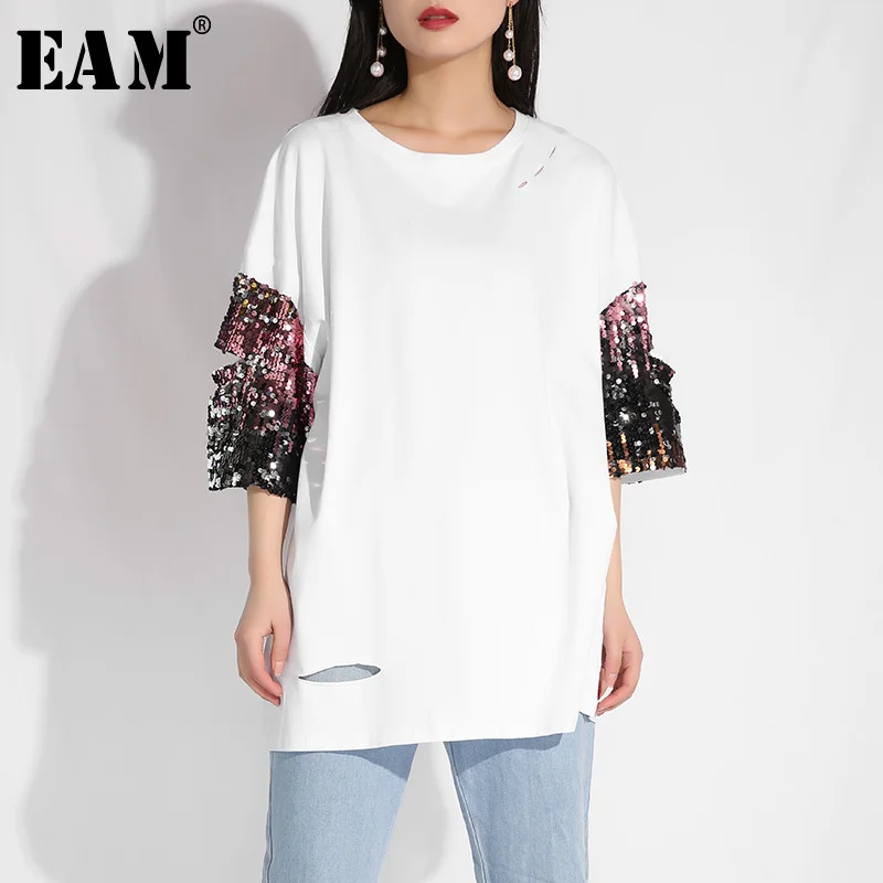 

[EAM] 2019 New Spring Summer Round Neck Half Sleeve White Holes Loose Sequins Spliced Big Size T-shirt Women Fashion Tide T321