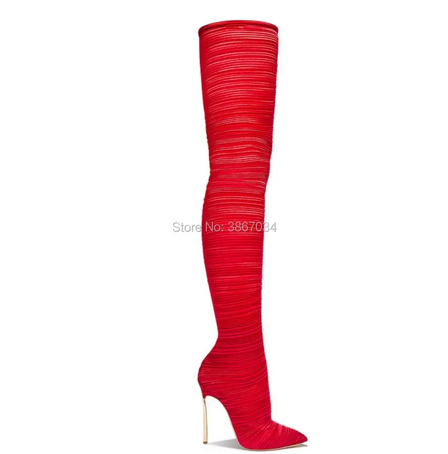 Tacones Overknee Shooegle Elástico Altos Tela Plisada Blade Punta Altas Muslo Toe Rojo Bota Marca Negro Moda Botas Mujeres xAxzOHrw