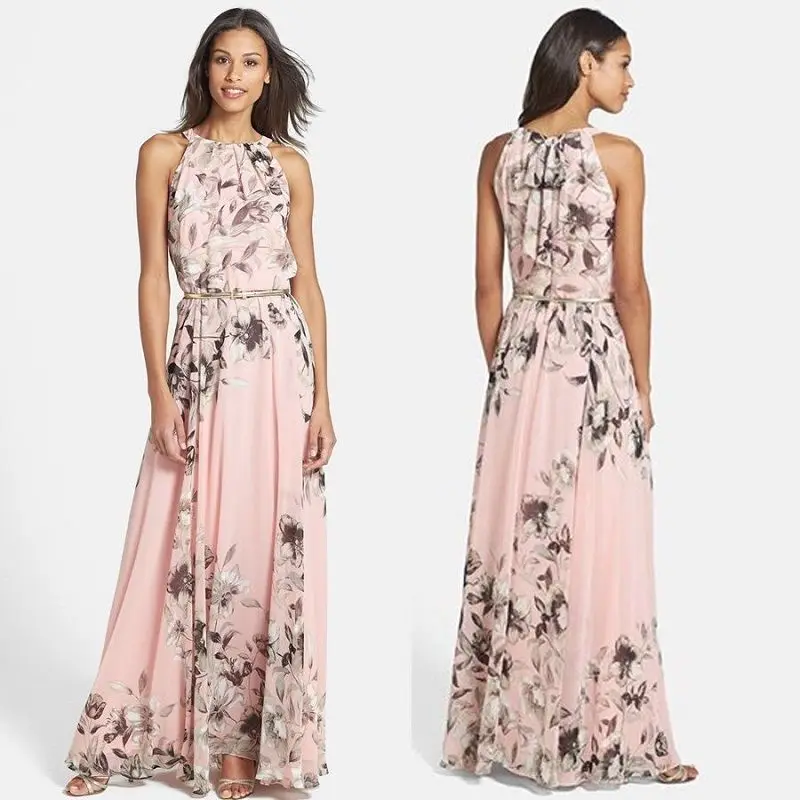 

Elegant Women Sleeveless Chiffon Casual Beach Long Floral Dress High Waist Cool Fabric Summer Party Dress Pink Dress With Belt