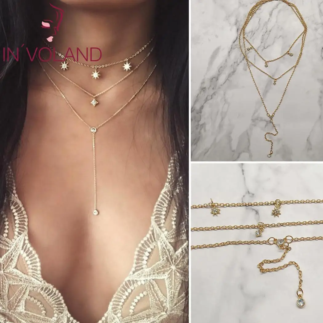 Women Fashion Jewelry Starlight Rhinestone Multi-layer Necklace 12 cm / 4.7 inch 11.7g Casual Link Chain | Украшения и аксессуары
