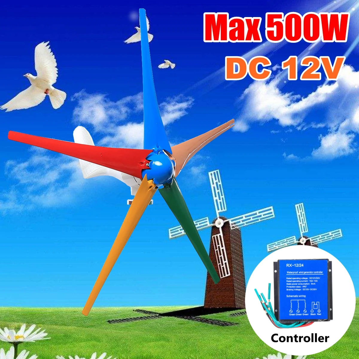 

500W DC/AC 12V 24V Wind T urbine Generator with 5 Mixed Color Blades + Controller For Home Streelight Use