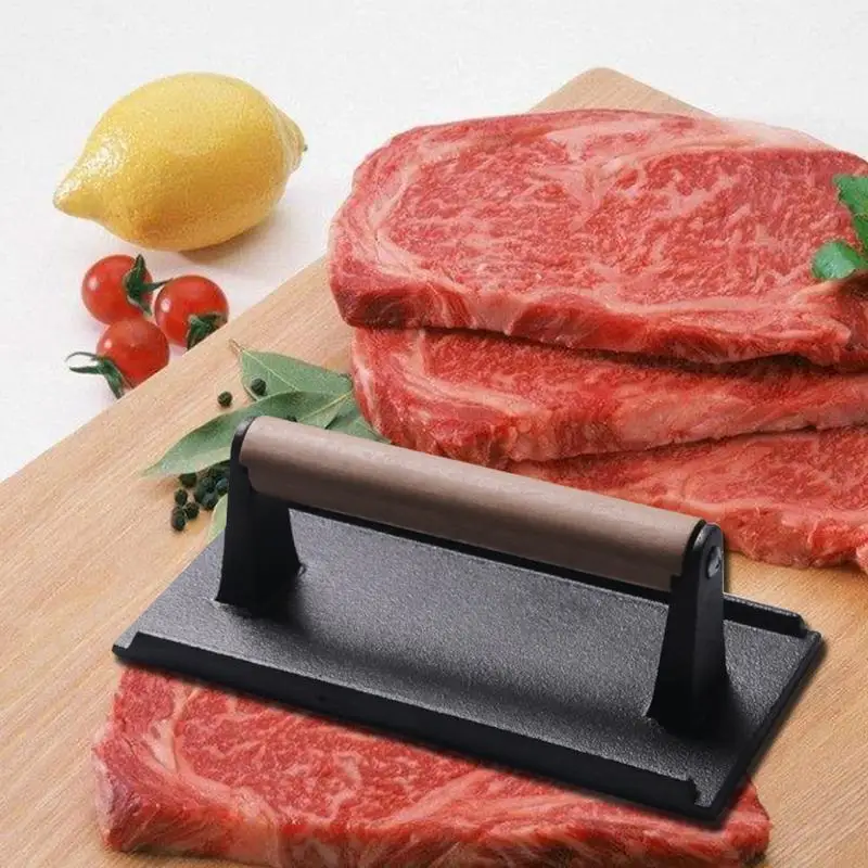 

Heat Resistance Steak Press Iron Board With Wooden Handle Cast Bacon Burger Grill Professional Kitchen Tools