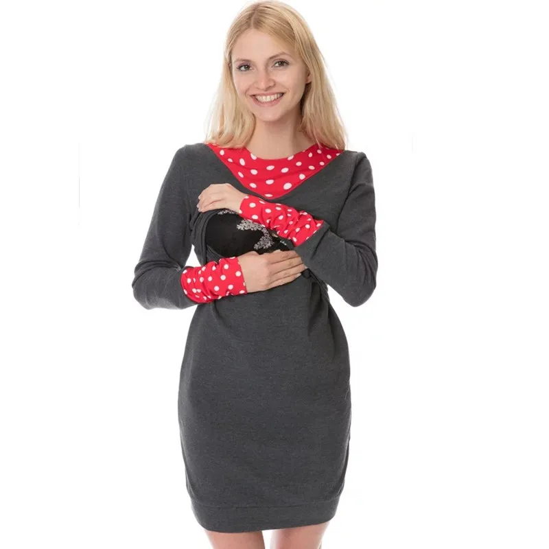 Maternity Lactation Dress Pregnant Breastfeeding Sweater Dress Nursing Suit-dress Spelling Color Long Sleeve Pregnancy Clothes 