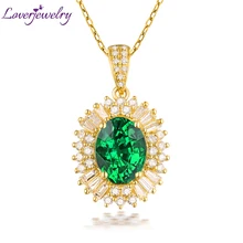 Solid 14K Yellow Gold Good Natural Green Colombia Emerald Wedding Pendant Necklace Round Baguette Diamond  Women Jewelry