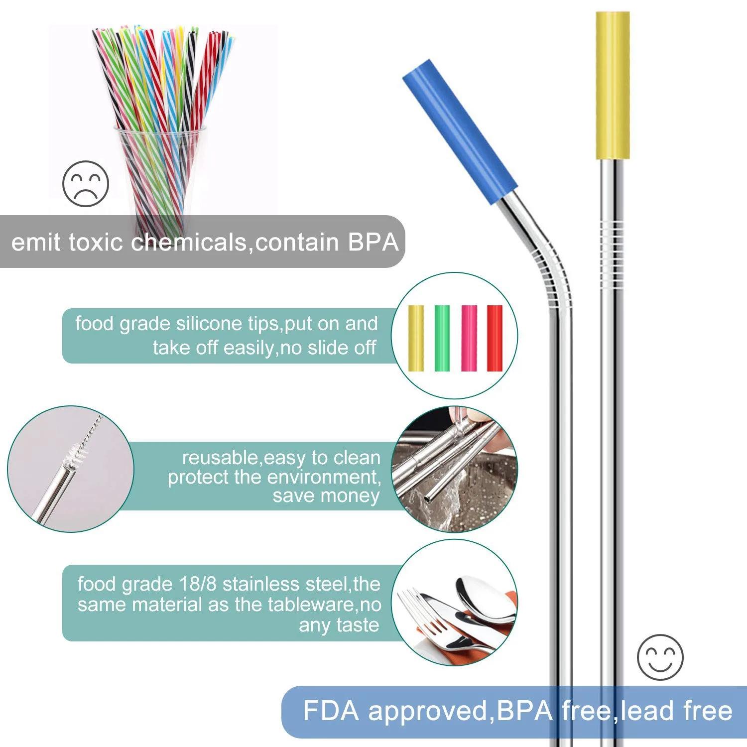 Соломинки многократного использования из нержавеющей стали для стаканчиков 30 унций и 20 унций, металлические соломинки 10,5 дюйма 8,5 дюйма с 12 мягкими силиконовыми