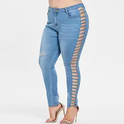 Rosegal плюс размеры решетки молния джинсы для женщин Высокая Васит отверстие для карандаш брюки девочек летние узкие выдалбливают