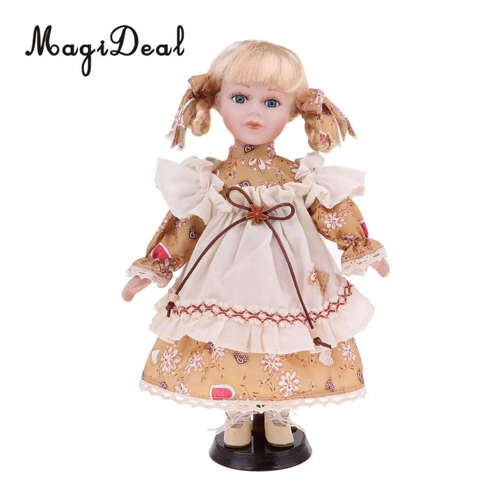 

30cm Lovely Porcelain Girl Doll People Figure with Yellow Clothes Set Decor Gift