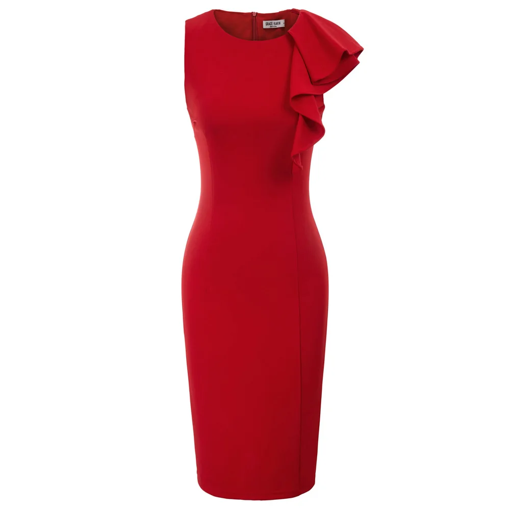 

Fashion GK Women Dress Sleeveless Crew Neck Ruffle Decorated Hips-Wrapped Bodycon Pencil Dress