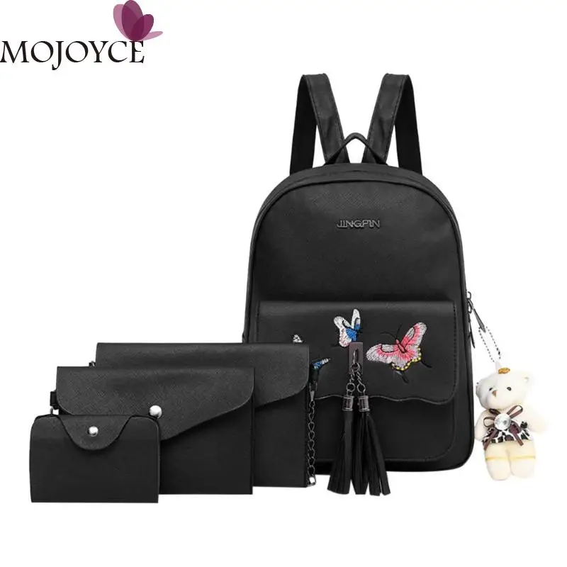 4PcsSet Backpack female School Bags For Teenage Girls Black Pink PU Leather Butterfly Print Backpack Shoulder Bag Purse Mochila