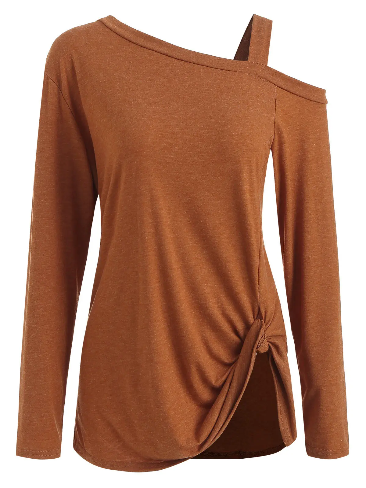 Sovalro Open Shoulder Twist Knot Front Women T Shirt Spring Long Sleeve