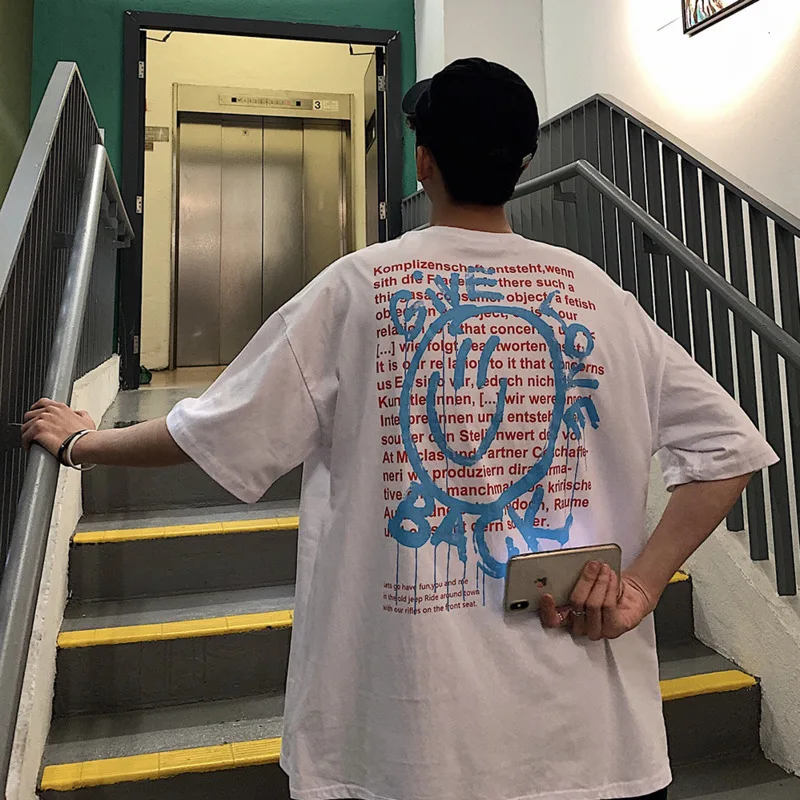 

Men's T-shirt 2019 summer new cartoon smiling face print slim T-shirt loose casual short-sleeved round collar youth men's wear