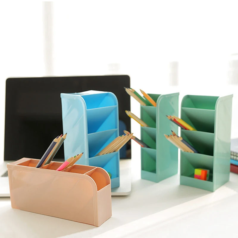 

WHISM Multi-function Plastic Office Desk Storage Box Case 4 Grid Cosmetic Makeup Pencil Organizer Oblique Insertion
