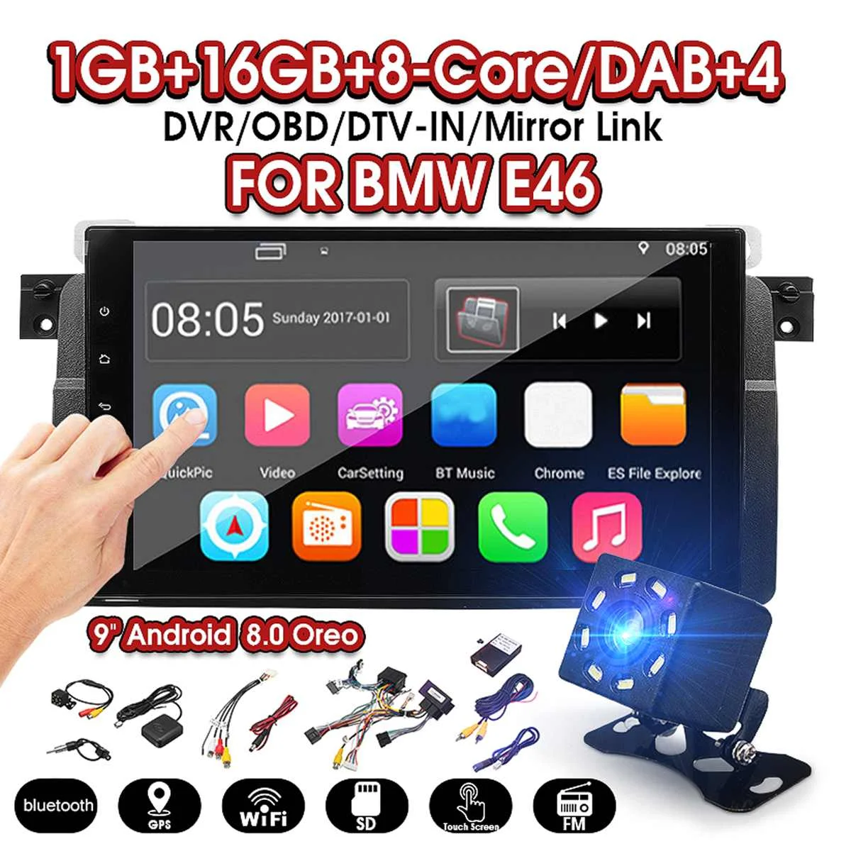 

9" Car 1 Din Multimedia Android 8.0 1+16G Wifi bluetooth Backup Camera DVR RDS USB Gps Navigation for BMW E46 M3 Rover 75 MG ZT