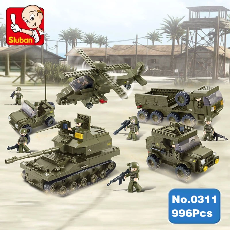 

Sluban B0311 Army Military Attack Tank Jeep Helicopter Car 3D Model DIY Building Blocks Bricks Assembly Toy fit Legoings no Box