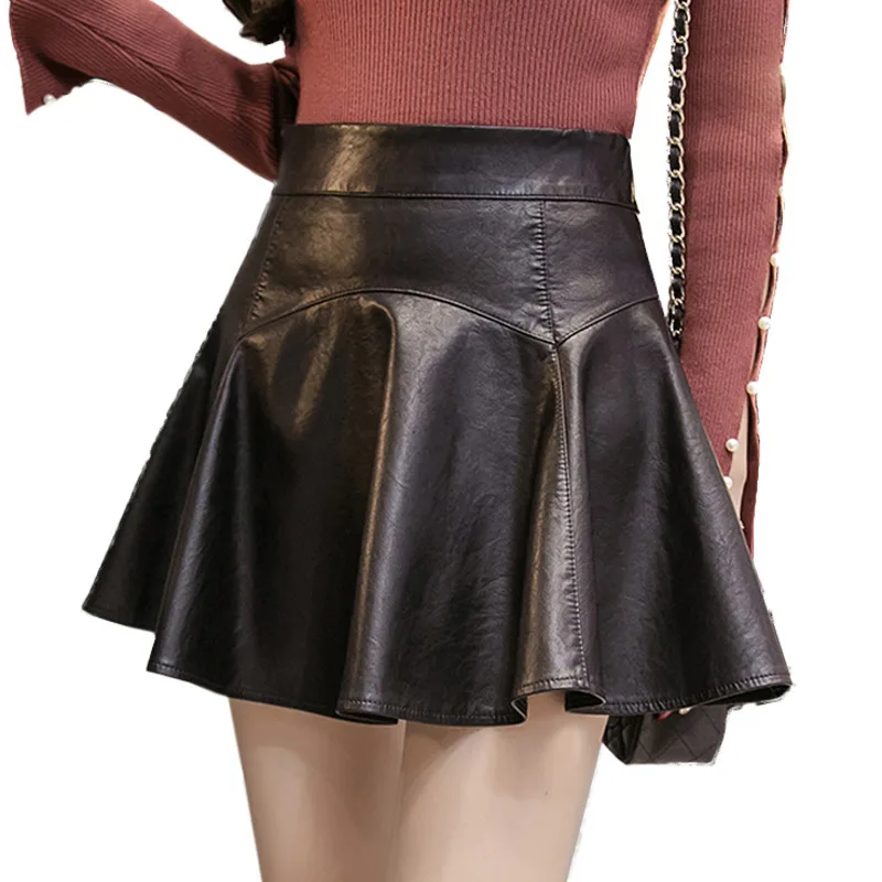 Осень-зима женские Высокая Талия пикантные плиссированные юбки PU Искусственная кожа юбки элегантный плюс Размеры черный мини-юбка Jupe Femme