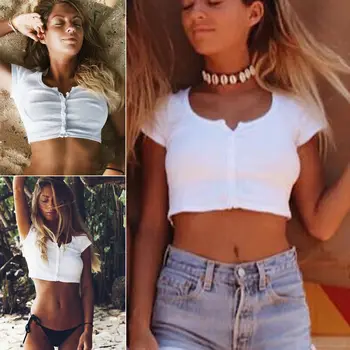 

Fashion New Womens Trendy Solid Color Basic Cropped Top Croptop Scooped Neck Tee Shirt