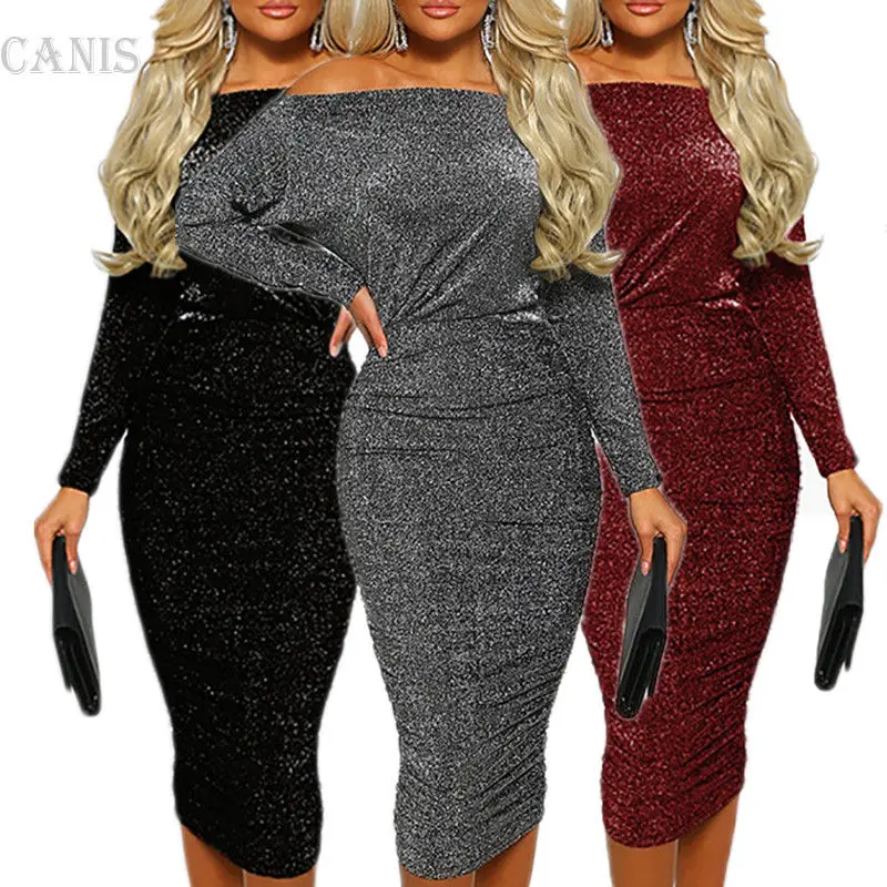 

New Women Fashion Casual Metallic Glitter Long Sleeve Dress Off Shoulder Lady Shiny Dress