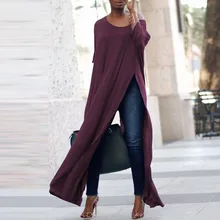 Женская длинная футболка на одно плечо с высоким разрезом, рукав летучая мышь 3/4, Женская длинная футболка макси с круглым вырезом, однотонные свободные футболки, туника, повседневные топы