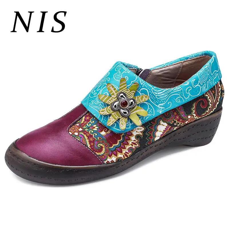 

NIS Retro Bohemian Socofy Women Shoes Woman PU Leather Vintage Spring Summer Zipper Printed Leather Flats Ladies Shoes