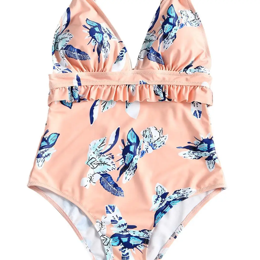 

Women Floral Spaghetti Strap Sleeveless Backless Slim Regular Ruffles Swimming Wear Summer One-piece Swimsuit