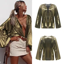 Горячая Новая Женская Весенняя и осенняя блесток пальто колокольчик-рукав кардиган высокое качество крутой лазерный конфетный материал Midriff-Baring