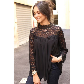 

Female High Neck Lace Floral Shirts New Fashion Women Summer Lace Top Long Sleeve Hollow Out Sexy Blouse