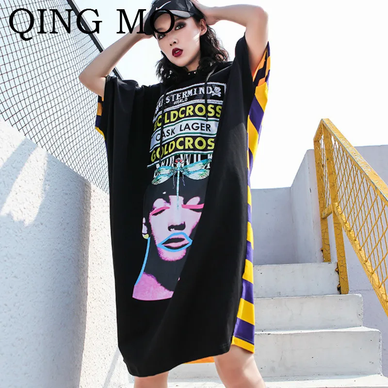 

QING MO Women Patchwork Hooded Dress Women Letter Character Printing Dress Lady Yellow And Purple Stripe Printing In Back ZQY081