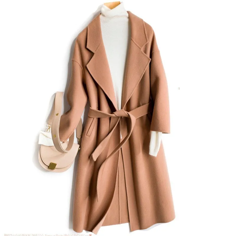 

2019 Spring Woolen Coat Women Long Sleeved S Slim White Wool Coat Women Belt Loose Casual Elegant Autumn Female Long Coat p19