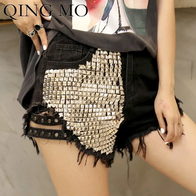 QING MO женские джинсовые шорты с реками одноцветные сексуальные черные заклепками