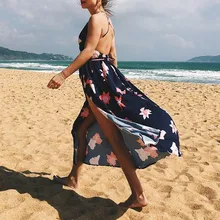 Пляжная одежда женское летнее пляжное платье саронг одежда с принтом модные сексуальные платья с v-образным вырезом и принтом в пол с открытой спиной купальник