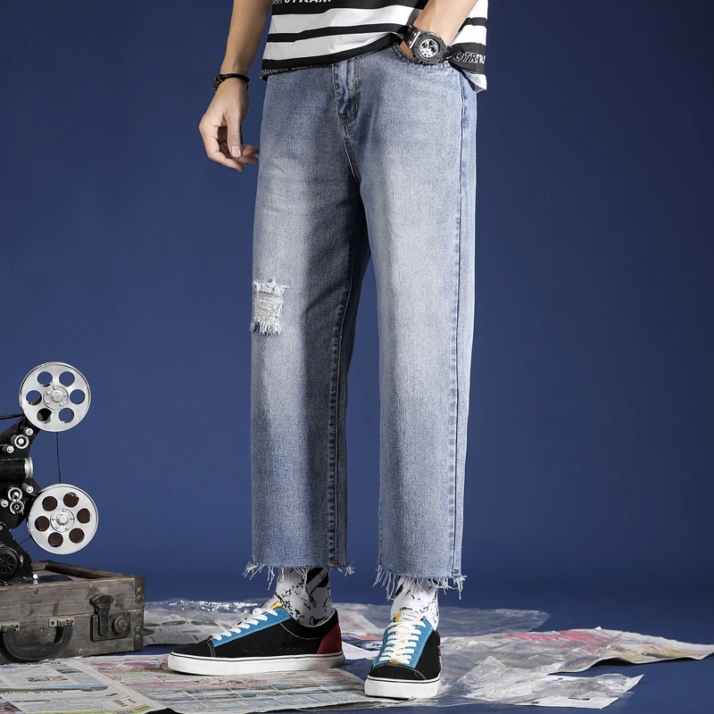 

Spring Summer 2019 Designed Man Hole Straight-Leg Jean Men Loose Wide-legged Denim Pants Washed Male Personal Casual Jeans