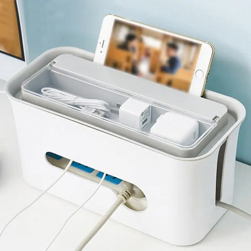 

Desktop Storage Box Power Board Cover Cable Storage Box with Smart Phone Bracket Cable Management Protector