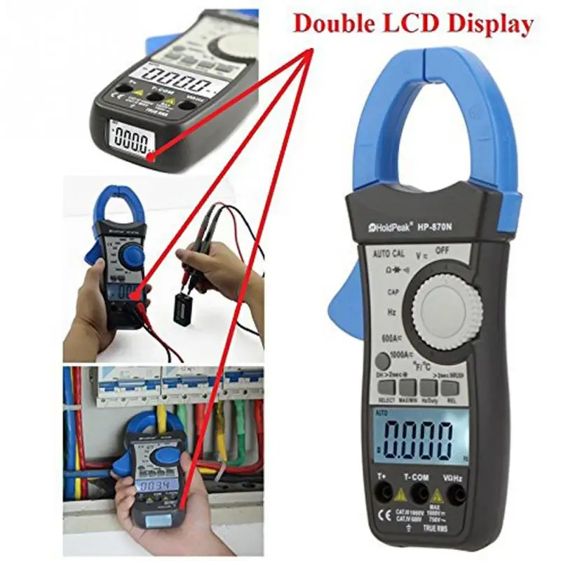 

HP-870N Auto Range DC AC Dual LCD Digital Clamp Meter Multimeter Pinza Amperimetrica Amperimetro True RMS Frequency Backlight