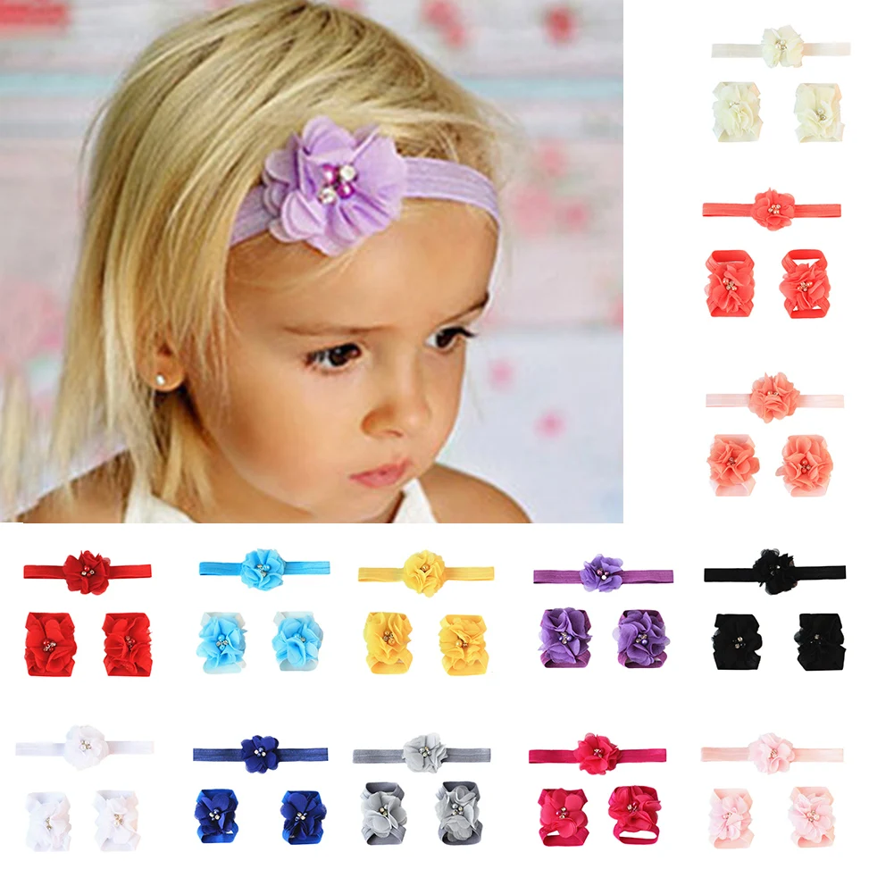 Cute Baby Girls Flower Headband Foot Set Elastic Hairband Infant Kids