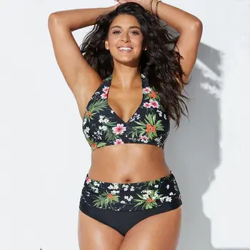

2019 New Brand Women Push Up Padded Plus Size Floral swimsuit Bathing High Waist swimwear Bra +Panties Clothes