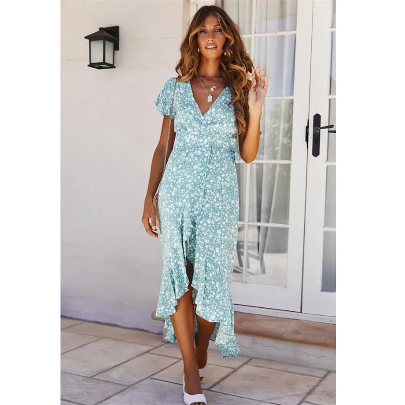 

Summer Beach Long Women Dresses Floral Print Chiffon Dress Sexy V-Neck High Slit Bodycon Wrap Maxi Party Dress Ruffle Robe Femme